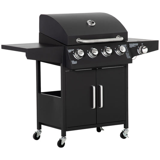 4 Burner Propane Gas Grill with Side Burner with Wheels & Storage Cabinet, 50,000 BTU, Black