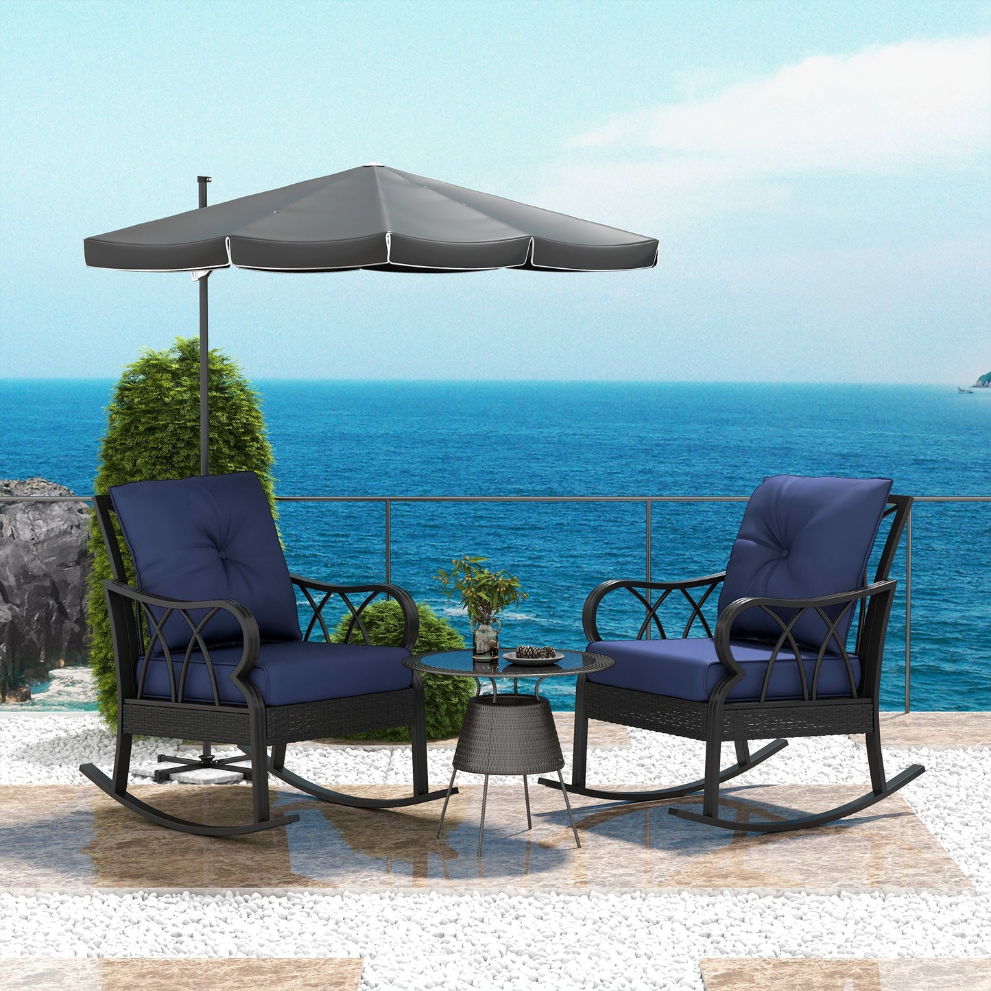 Outsunny 2 Pc Patio Wicker Rocking Chairs with Removable Cushions, Outdoor Rattan Rockers, Blue - 867-048V01DB