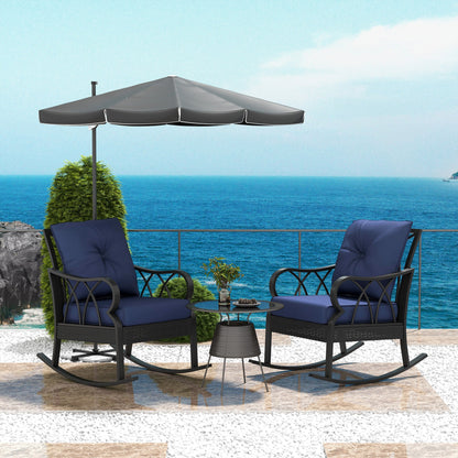 Outsunny 2 Pc Patio Wicker Rocking Chairs with Removable Cushions, Outdoor Rattan Rockers, Blue - 867-048V01DB