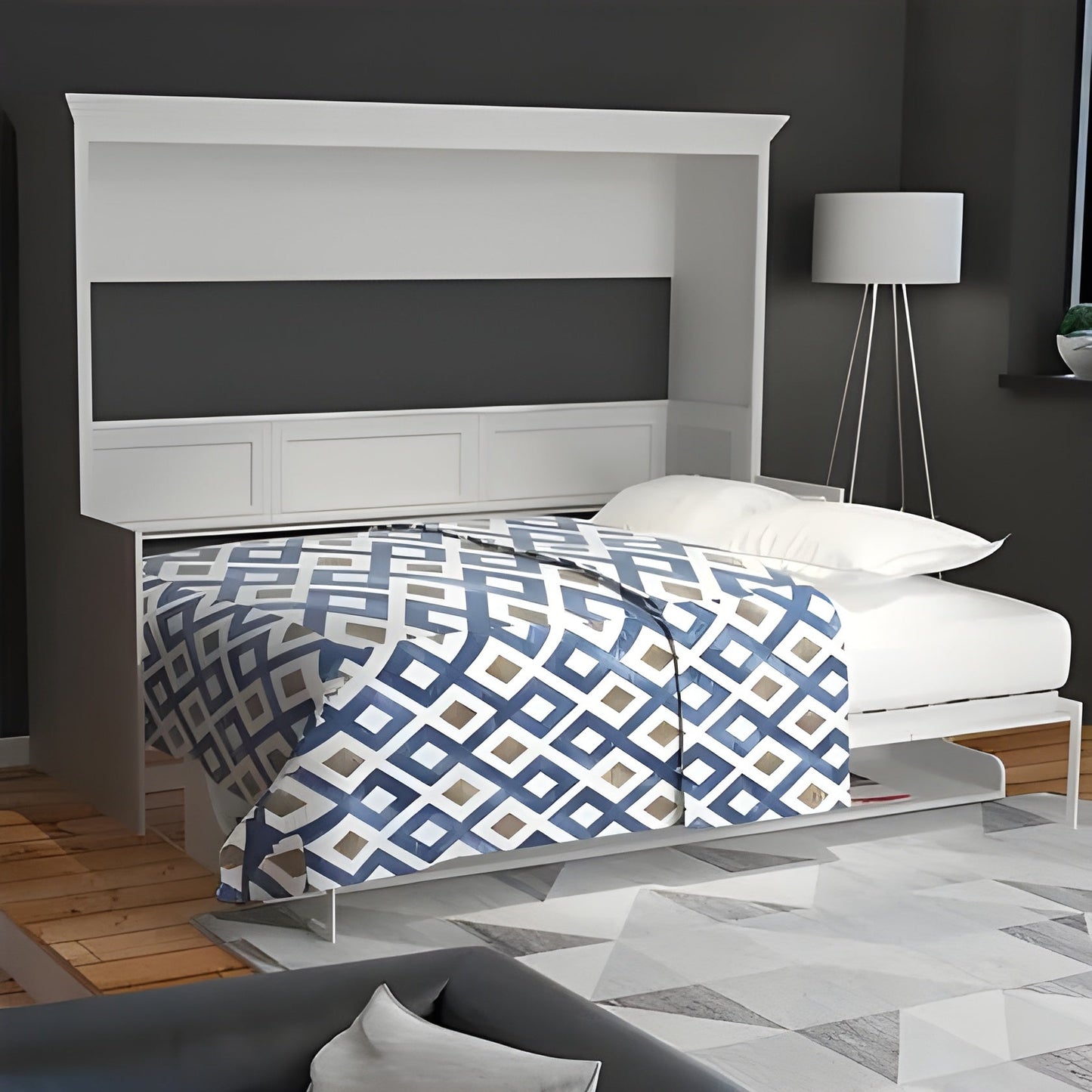 Horizontal Murphy Bed with Desk, Queen Size, White Adonis Series by Leto Muro