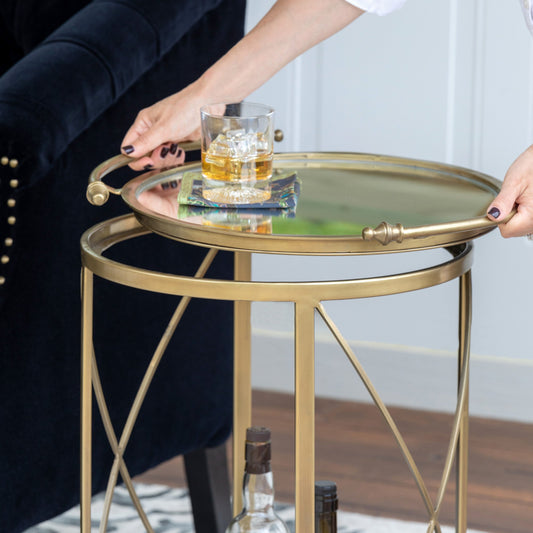 Park Hill Collection Hampton Round Tray Serving Cart - Elegant Steel & Brass Design with Removable Mirror Tray for Easy Use - EFC16009