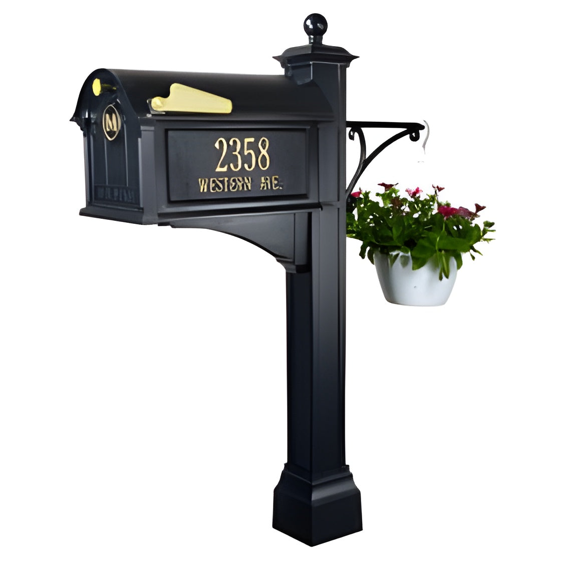 Whitehall Balmoral Side Plaques and Monogram Mailbox with Post Package and Plant Hanger -