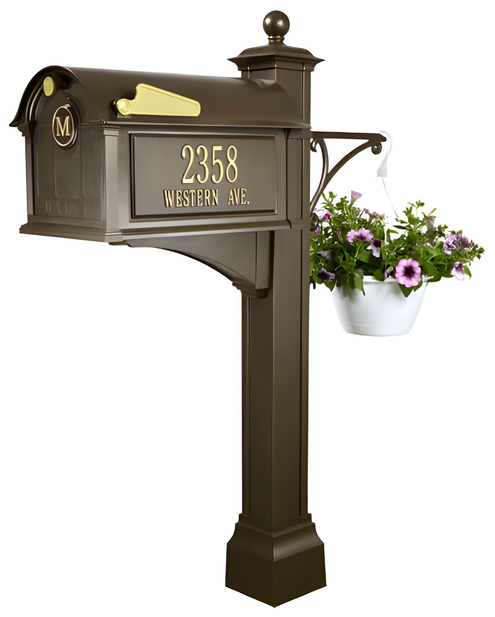 Whitehall Balmoral Side Plaques and Monogram Mailbox with Post Package and Plant Hanger -