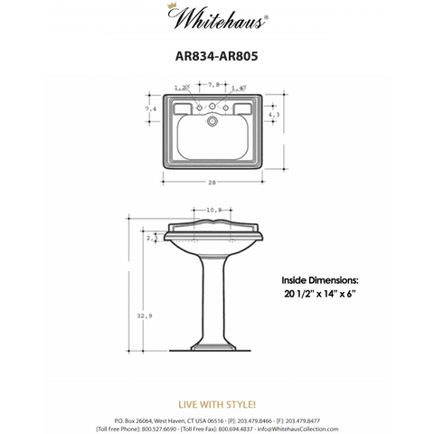 Whitehaus Traditional China Pedestal Sink with an Integrated Oval Bowl - AR834-AR805