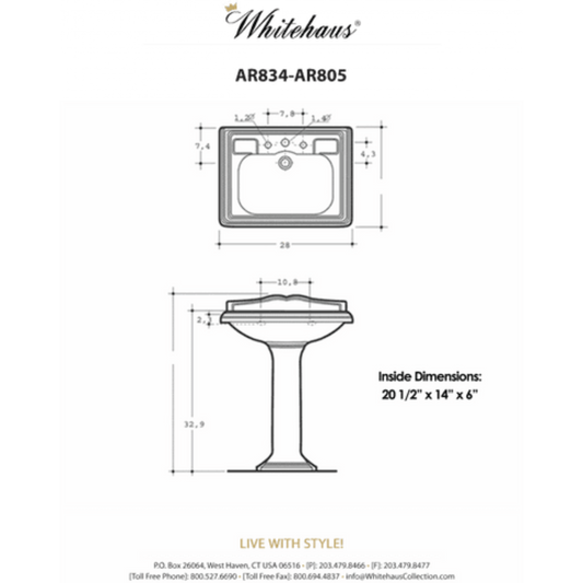 Whitehaus Traditional China Pedestal Sink with an Integrated Oval Bowl - AR834-AR805