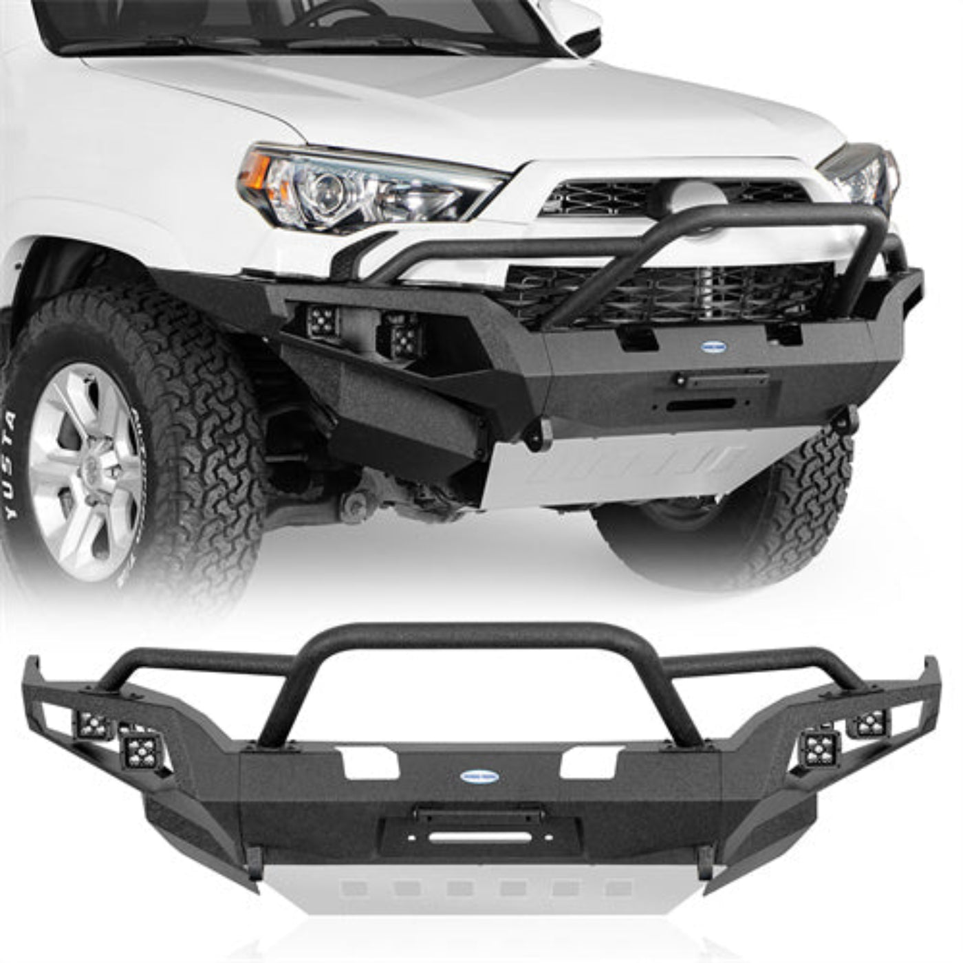 Hooke Road Full Width Front Bumper w/ Winch Plate & 4 LED Spot Lights (14-24 Toyota 4Runner)  - HE.9815A-S+HE.9815B-S