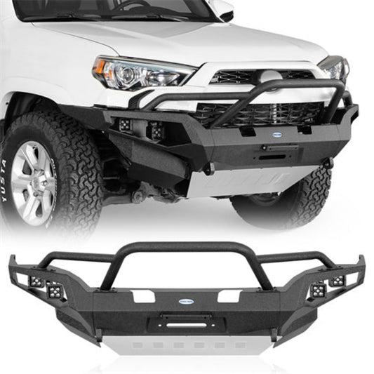 Hooke Road Full Width Front Bumper w/ Winch Plate & 4 LED Spot Lights (14-24 Toyota 4Runner)  - HE.9815A-S+HE.9815B-S