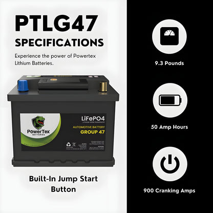 PowerTex 2022 Volkswagen Vento L4 1.6LReplacement Car Battery BCI Group 47 Lithium LiFePO4 Automotive Powertex Battery - PTLG47-0101