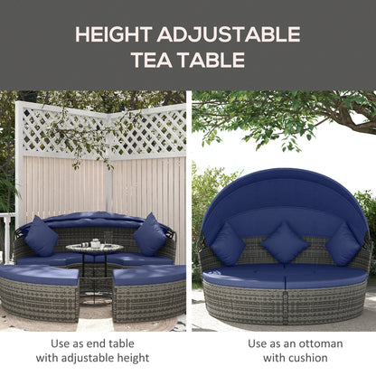 Outsunny Round Outdoor Daybed with Canopy, 4-Piece Sectional Outdoor Sofa, 3 Chairs, Tea Table, Dark Blue - 862-047V00DB
