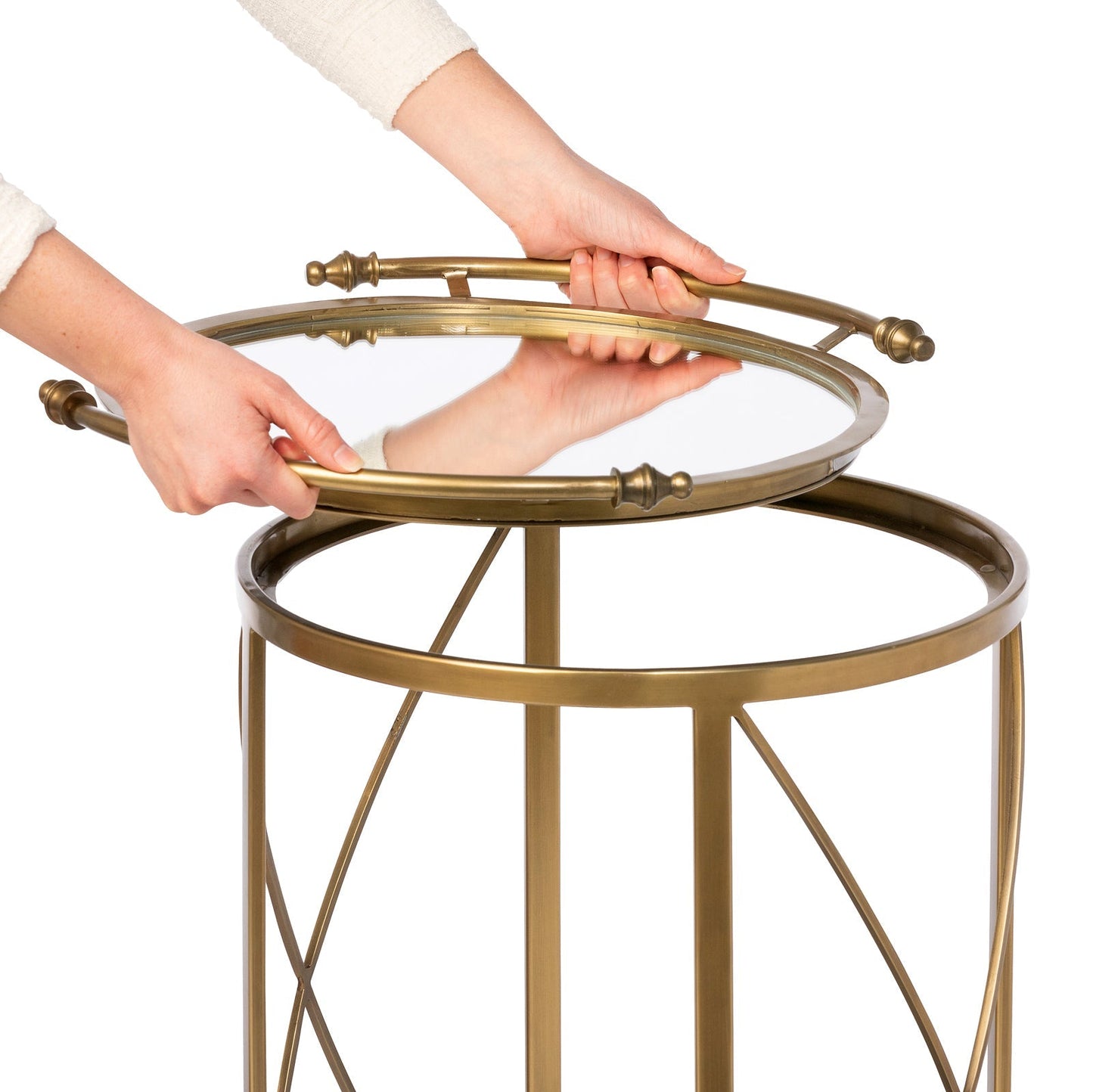 Park Hill Collection Hampton Round Tray Serving Cart - Elegant Steel & Brass Design with Removable Mirror Tray for Easy Use - EFC16009