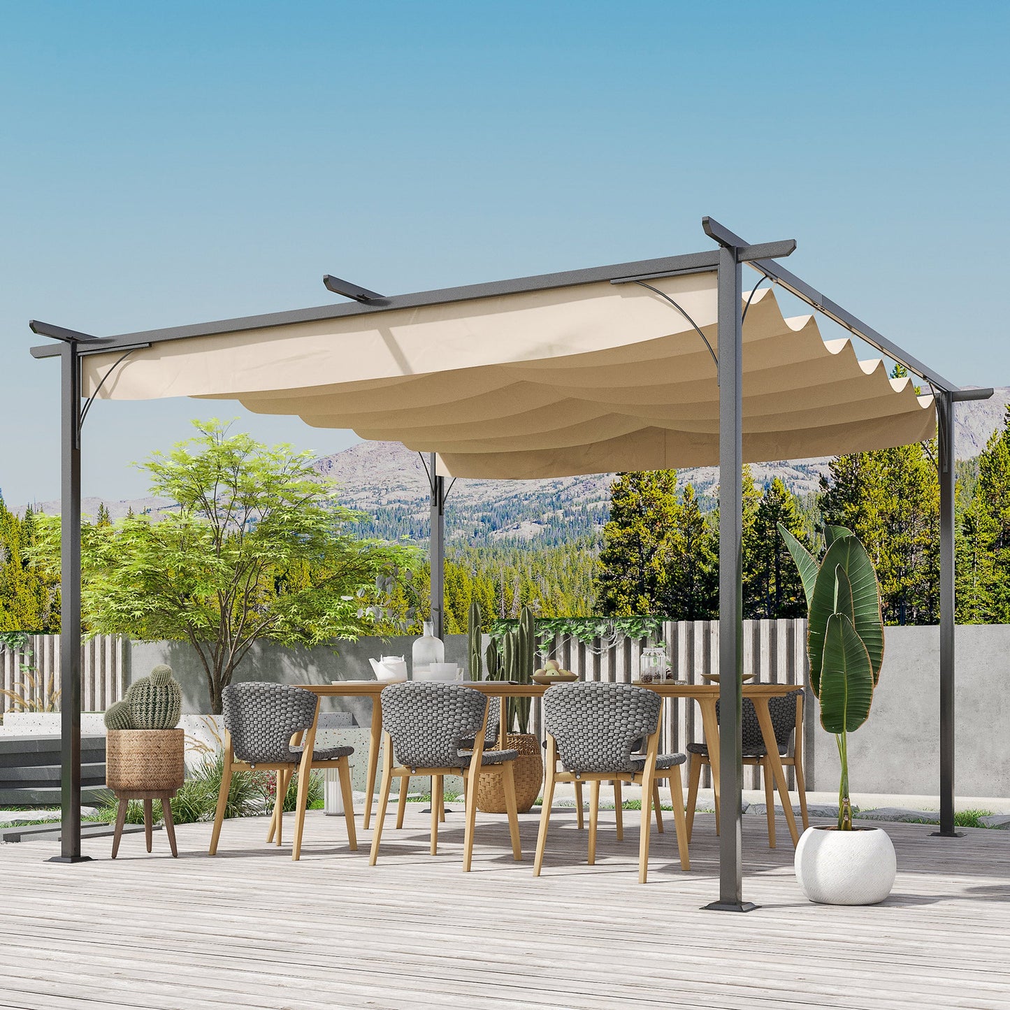 Outsunny 11.5'x11.5' Retractable Metal Pergola Canopy Shade for Patio, Backyard & Grill, Beige - 84C-092