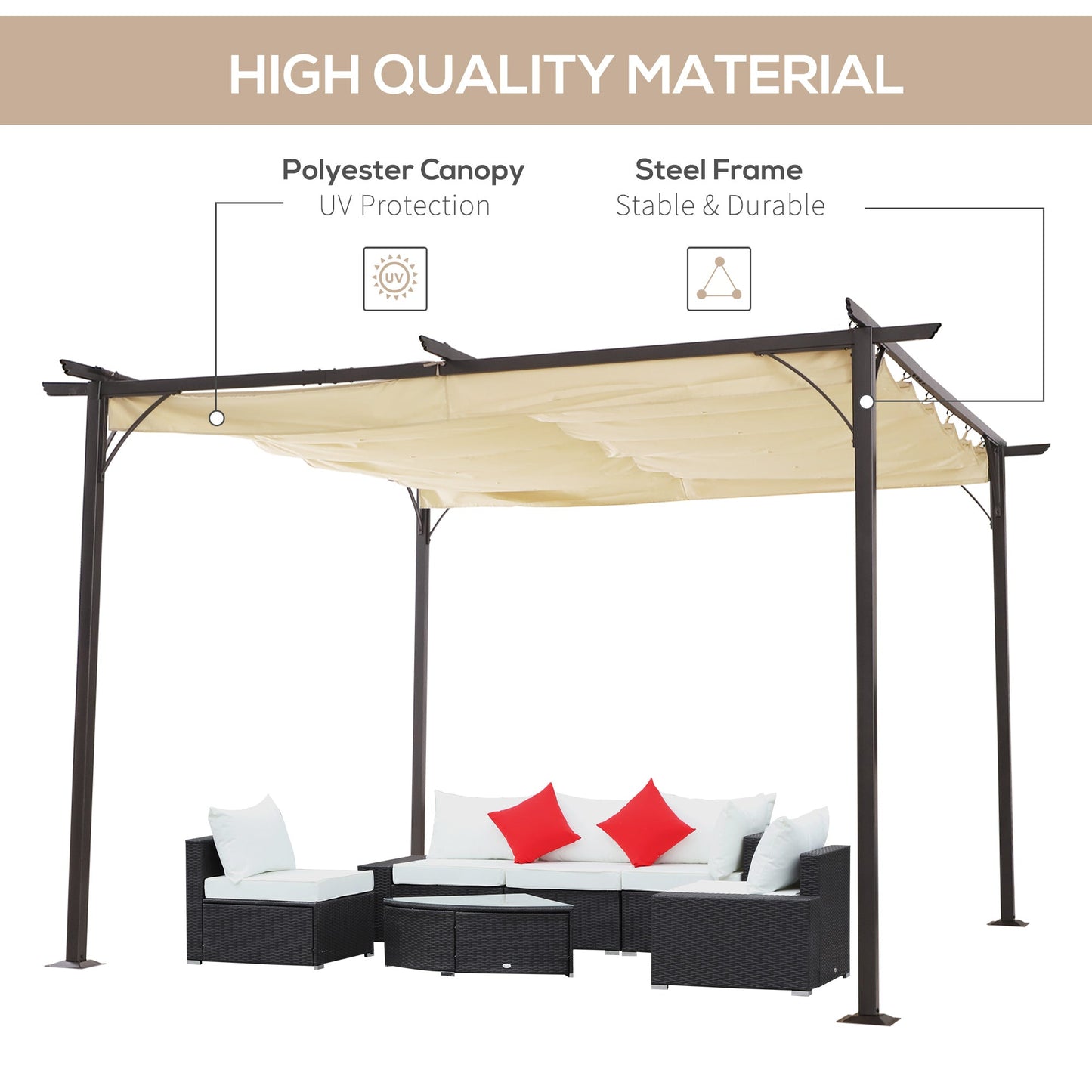 Outsunny 11.5'x11.5' Retractable Metal Pergola Canopy Shade for Patio, Backyard & Grill, Beige - 84C-092