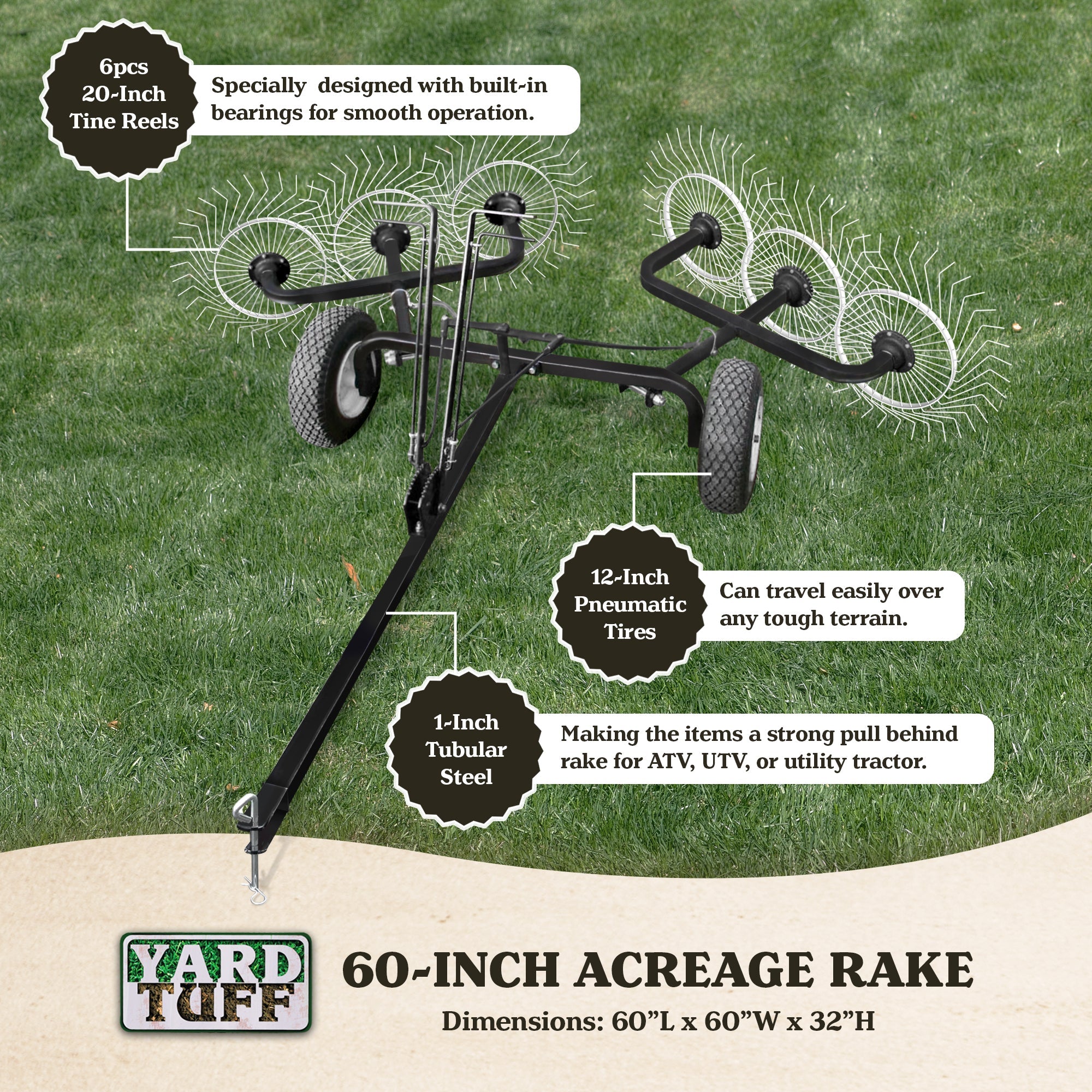 Yard Tuff 60” Steel Tow Behind Acreage Rake Lawn Sweeper with Pin Style Hitch - 247729