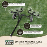 Yard Tuff 60” Steel Tow Behind Acreage Rake Lawn Sweeper with Pin Style Hitch - 247729