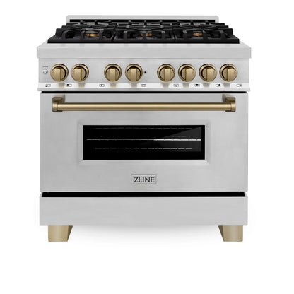 ZLINE Autograph Edition 4-Piece Appliance Package - 36-Inch Dual Fuel Range, Refrigerator with Water Dispenser, Wall Mounted Range Hood, & 24-Inch Tall Tub Dishwasher in Stainless Steel with Champagne Bronze Trim (4AKPR-RARHDWM36-CB)