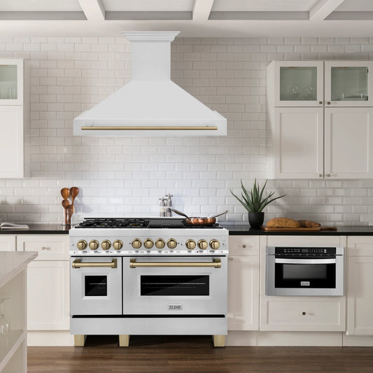 ZLINE Autograph Edition 4-Piece Appliance Package - 48-Inch Dual Fuel Range, Refrigerator with Water Dispenser, Wall Mounted Range Hood, & 24-Inch Tall Tub Dishwasher in Stainless Steel with Champagne Bronze Trim (4AKPR-RARHDWM48-CB)