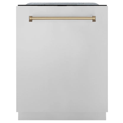 ZLINE Autograph Edition 4-Piece Appliance Package - 48-Inch Dual Fuel Range, Refrigerator with Water Dispenser, Wall Mounted Range Hood, & 24-Inch Tall Tub Dishwasher in Stainless Steel with Champagne Bronze Trim (4AKPR-RARHDWM48-CB)