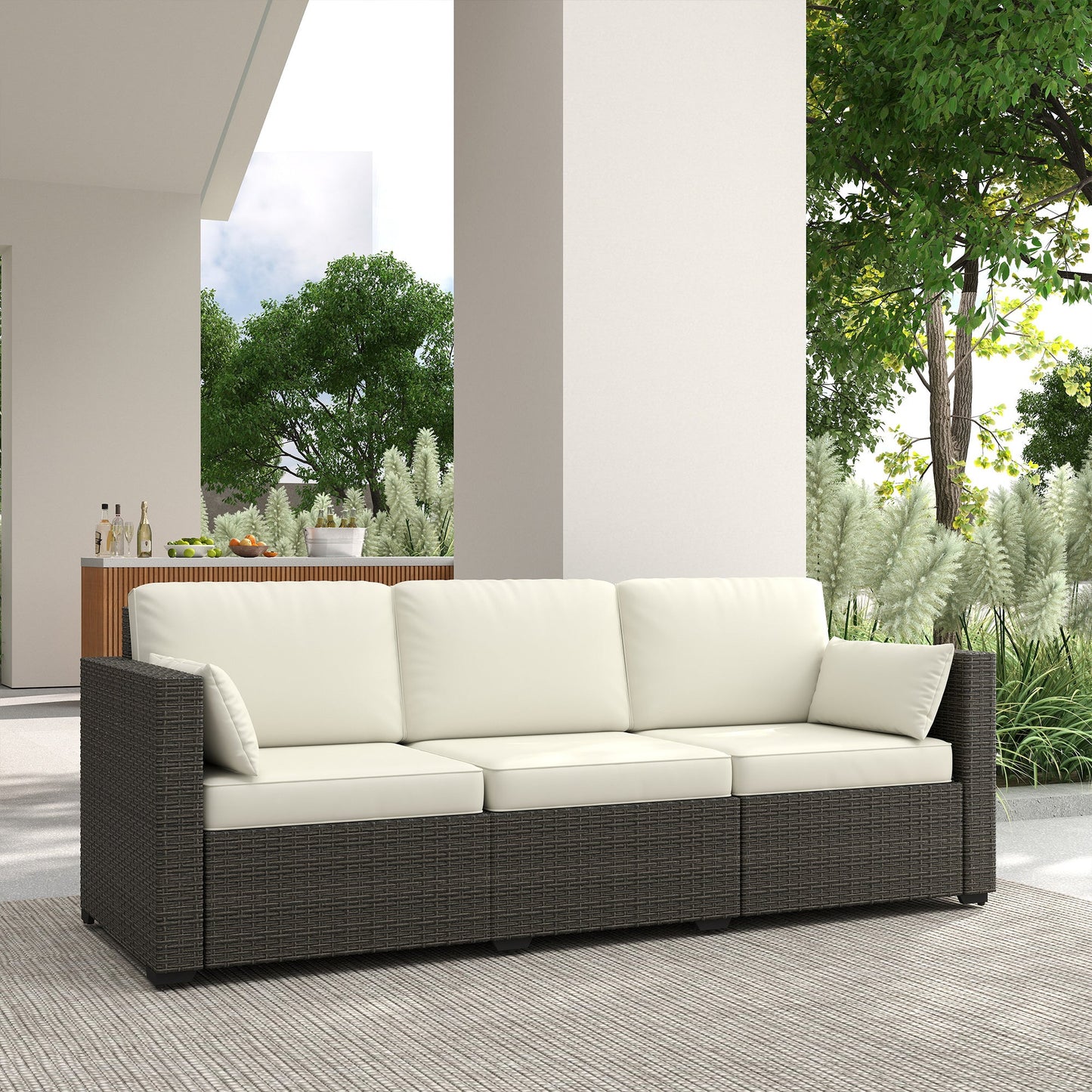 Outsunny 3-Seater PE Wicker Deep Seating Outdoor Sofa with Removable Cushions Cream White - 860-308V00CW