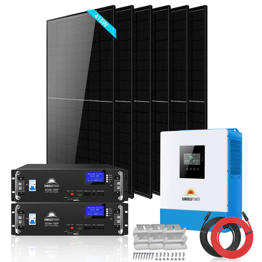 Sun Gold Off-Grid Solar Kit 5000W 48VDC 120V LifePo4 10.24KWH Lithium Battery 6 X 415 Watts Solar Panels SGR-5KE