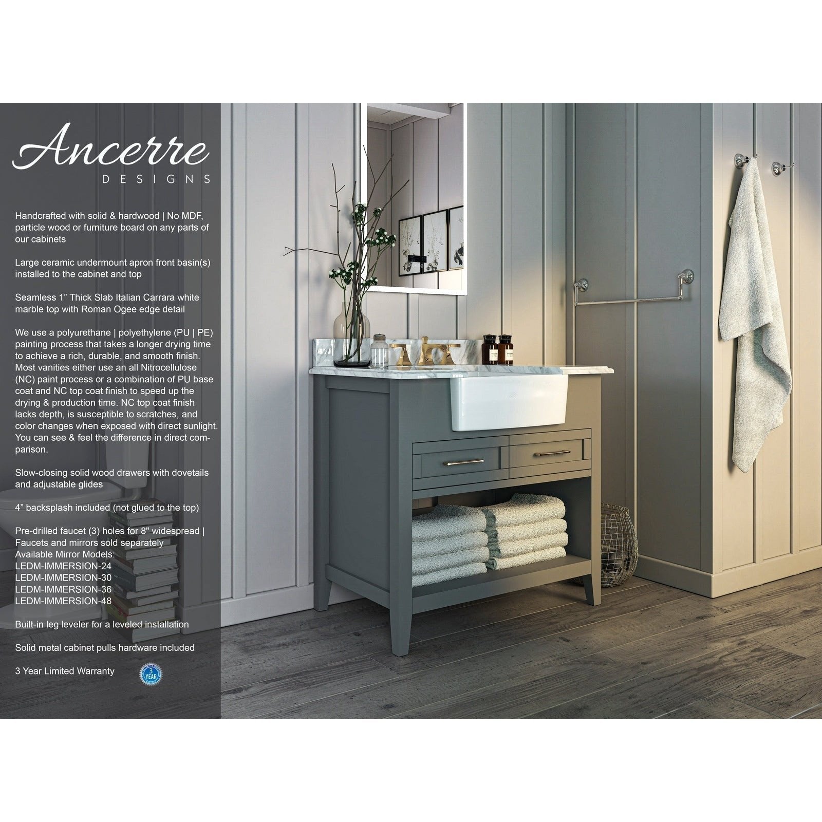 Ancerre Hayley Bathroom Vanity with Sink and Carrara White Marble Top Cabinet Set - VTS-HAYLEY-36-W-CW - Backyard Provider