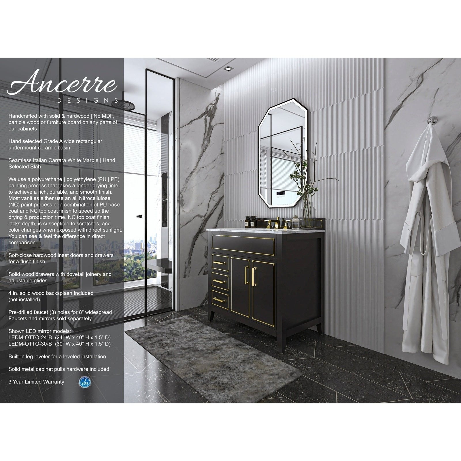 Ancerre Aspen Bathroom Vanity with Sink and Carrara White Marble Top Cabinet Set - VTS-ASPEN-36-W-CW - Backyard Provider