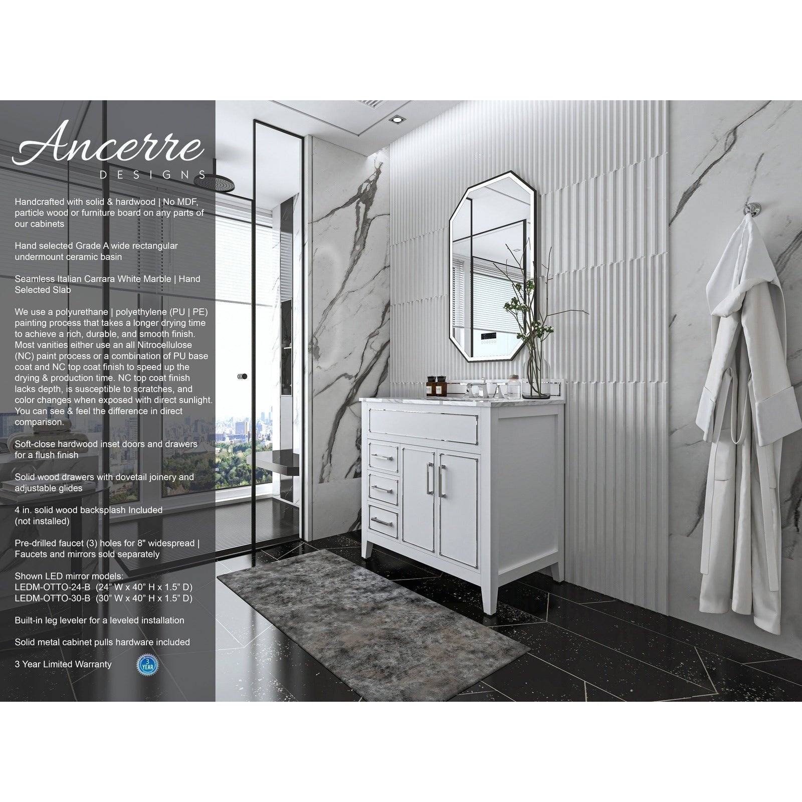 Ancerre Aspen Bathroom Vanity with Sink and Carrara White Marble Top Cabinet Set - VTS-ASPEN-36-W-CW - Backyard Provider