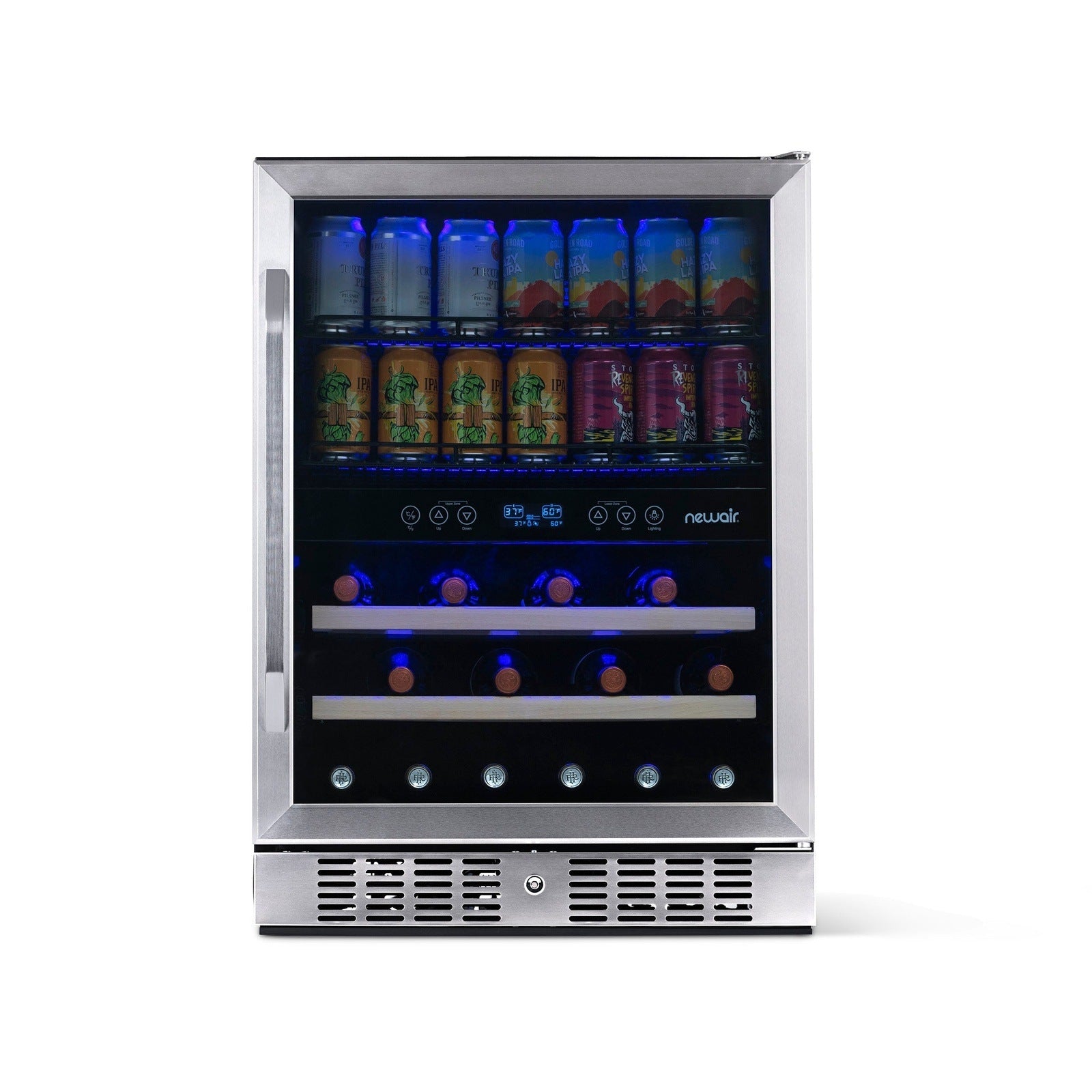 Newair - 24” 20-Bottle/70 Can Dual-Zone Built-in/Freestanding Wine & Beverage Center AWB-400DB in Stainless Steel w/ SplitShelf™ & Smooth Rolling Shelves