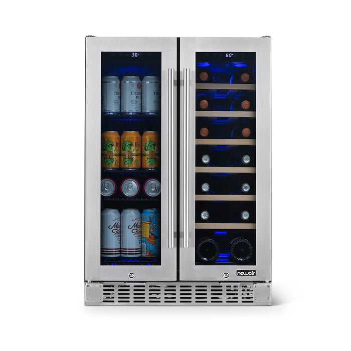 Newair - 24” 20-Bottle/60 Can Dual-Zone French Door Wine & Beverage Center NWB080SS00 w/ Beech Wood Shelves