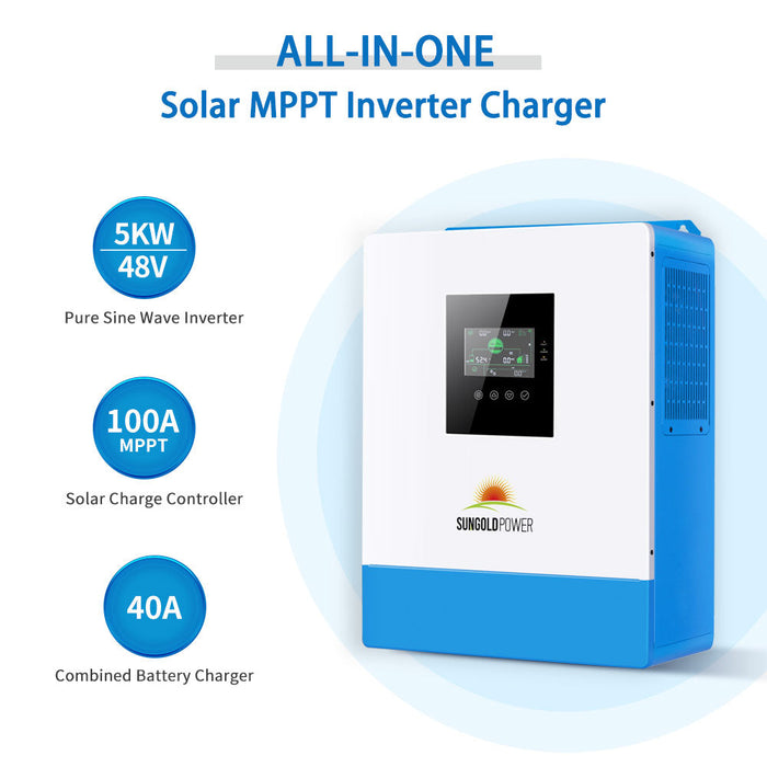 Sun Gold Off-Grid Solar Kit 5000W 48VDC 120V LifePo4 10.24KWH Lithium Battery 6 X 415 Watts Solar Panels SGR-5KE