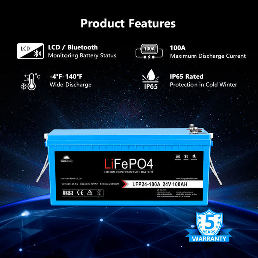 Sun GOld 4 X 24V 100Ah LiFePo4 Deep Cycle Lithium Battery Bluetooth / Self-Heating / IP65