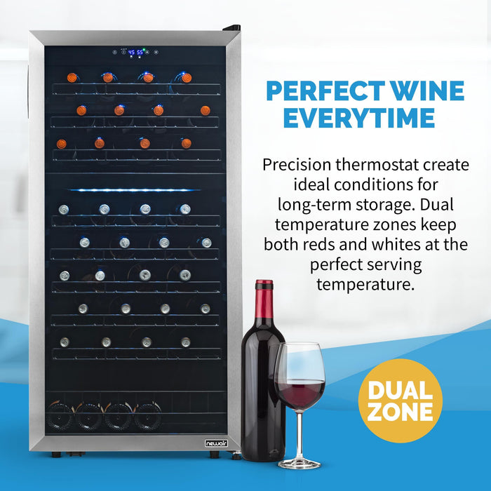 Newair - 76-Bottle Dual-Zone Freestanding Wine Cooler w/ Low-Vibration Ultra-Quiet Inverter Compressor NWC076SS00