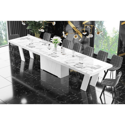 Maxima House Dining Set ALETA 11 pcs. modern glossy marble/ white Dining Table with 4 self-starting leaves plus 10 chairs - HU0080K-332GR - Backyard Provider