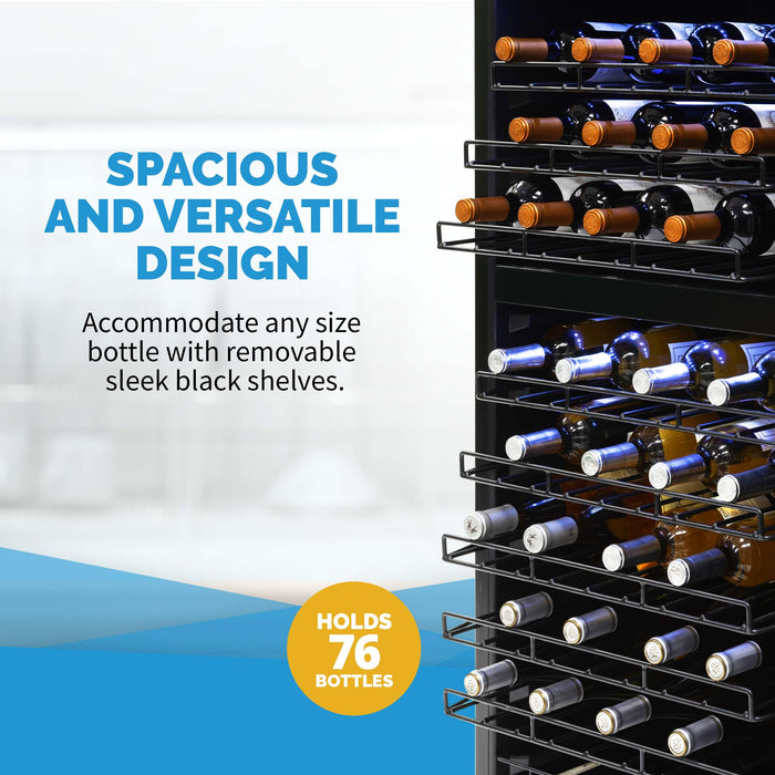Newair - 76-Bottle Dual-Zone Freestanding Wine Cooler w/ Low-Vibration Ultra-Quiet Inverter Compressor NWC076SS00
