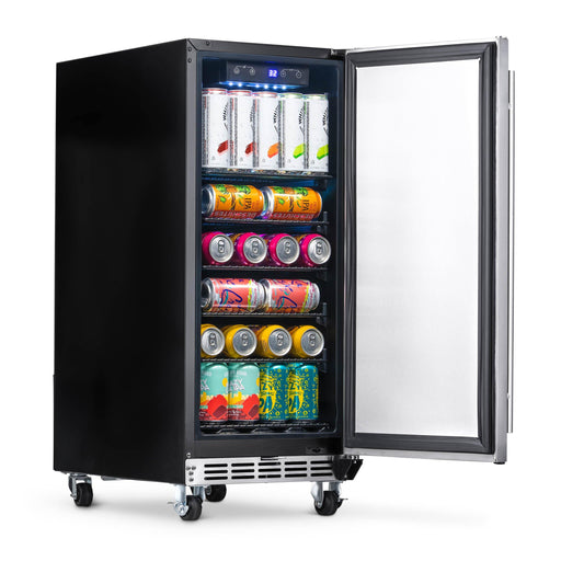 NewAir - 15" 90-Can Weatherproof Outdoor Beverage Center NOF090SS00 Stainless Steel w/ Auto-Closing Door & Easy Glide Casters