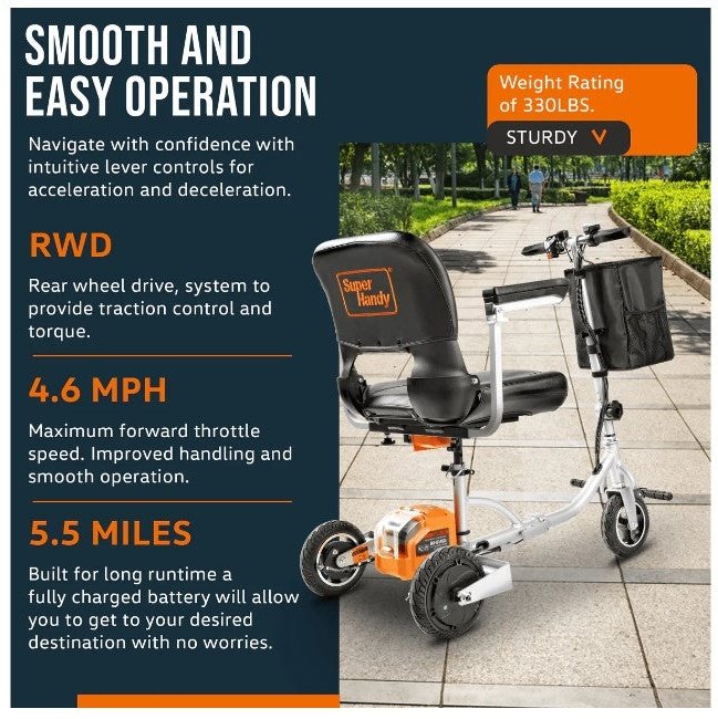 Super Handy GUT140 48V 3-Wheeled Lightweight Long Range with Extra Battery Folding Mobility Scooter New