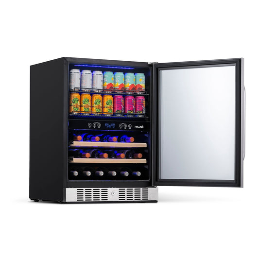 Newair - 24” 20-Bottle/70 Can Dual-Zone Built-in/Freestanding Wine & Beverage Center AWB-400DB in Stainless Steel w/ SplitShelf™ & Smooth Rolling Shelves