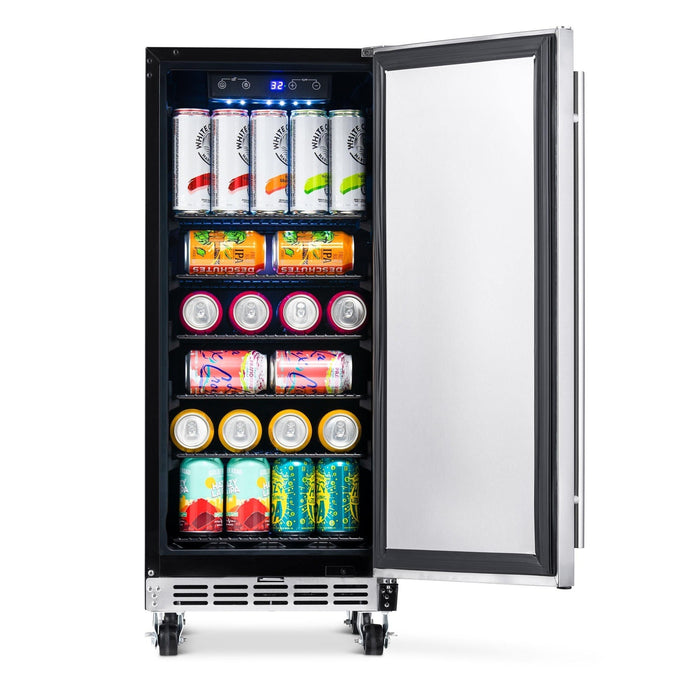 NewAir - 15" 90-Can Weatherproof Outdoor Beverage Center NOF090SS00 Stainless Steel w/ Auto-Closing Door & Easy Glide Casters