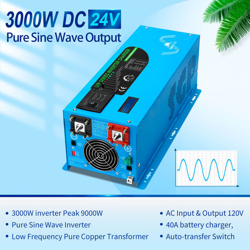 3000W DC 24V Pure Sine Wave Inverter With Charger - LFP3K24V120VSG