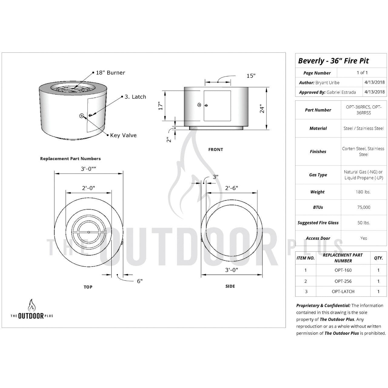 36" Beverly Fire Pit Specs Sheet