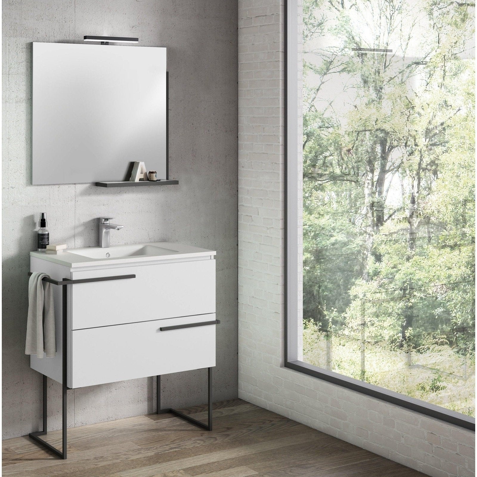 Lucena Bath Scala 32" Floating Vanity with Legs and Towel Bar in Abedul, White or Tera. - Backyard Provider