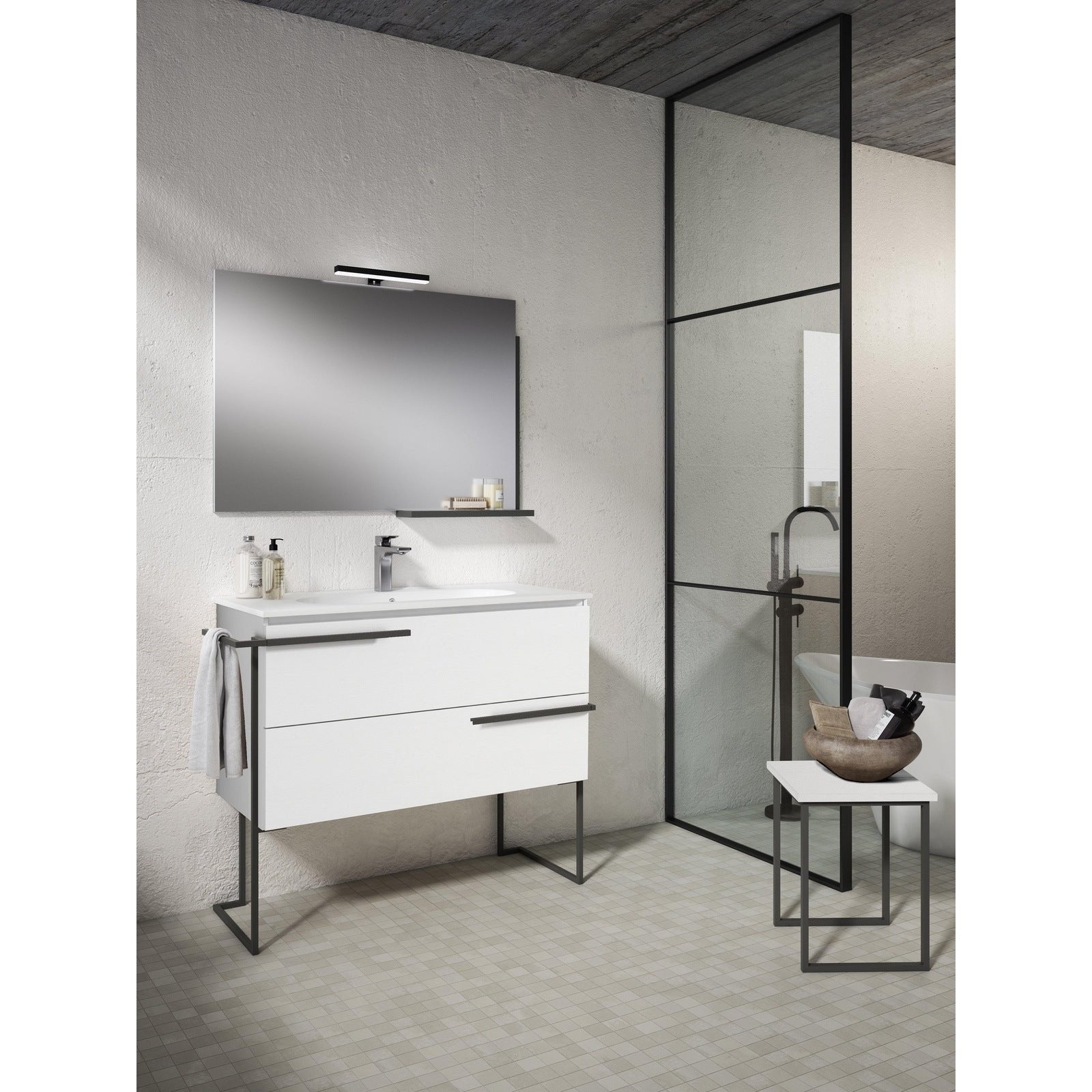 Lucena Bath Scala 32" Floating Vanity with Legs and Towel Bar in Abedul, White or Tera. - Backyard Provider