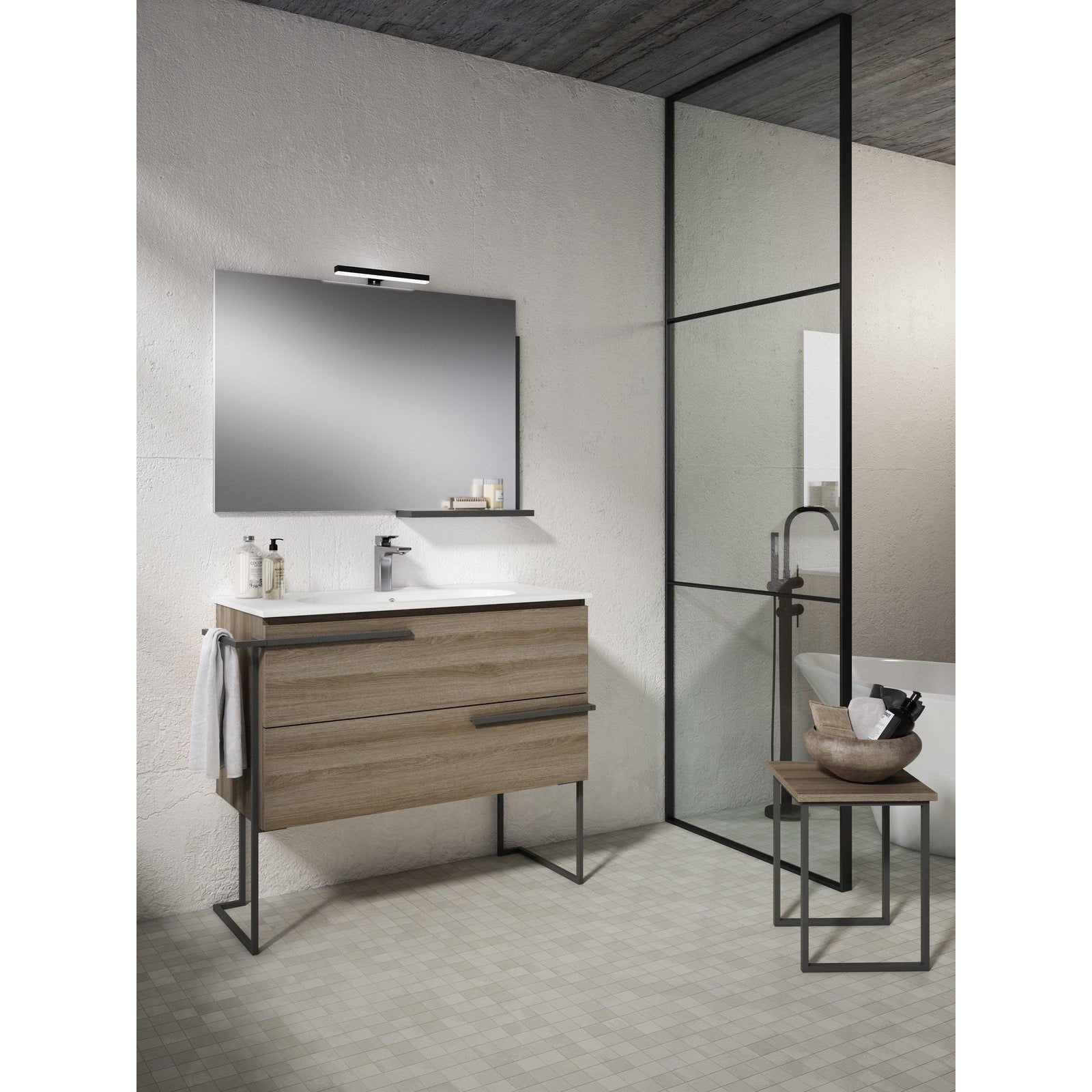 Lucena Bath Scala 32" Floating Vanity with Legs and Towel Bar in Abedul, White or Tera. - Backyard Provider