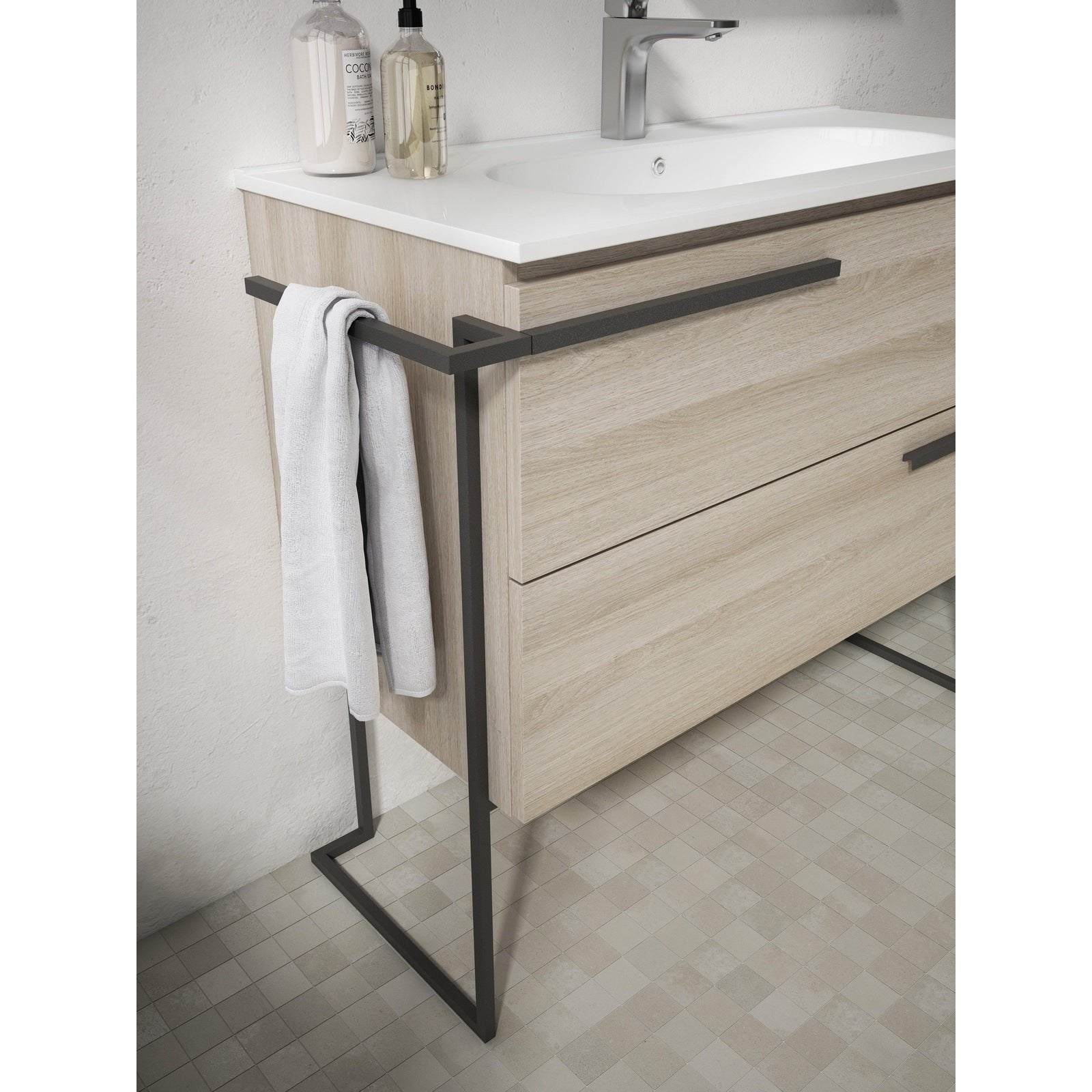 Lucena Bath Scala 40" Single Sink Vanity with Legs and Towel Bar in Abedul, White or Tera. - Backyard Provider