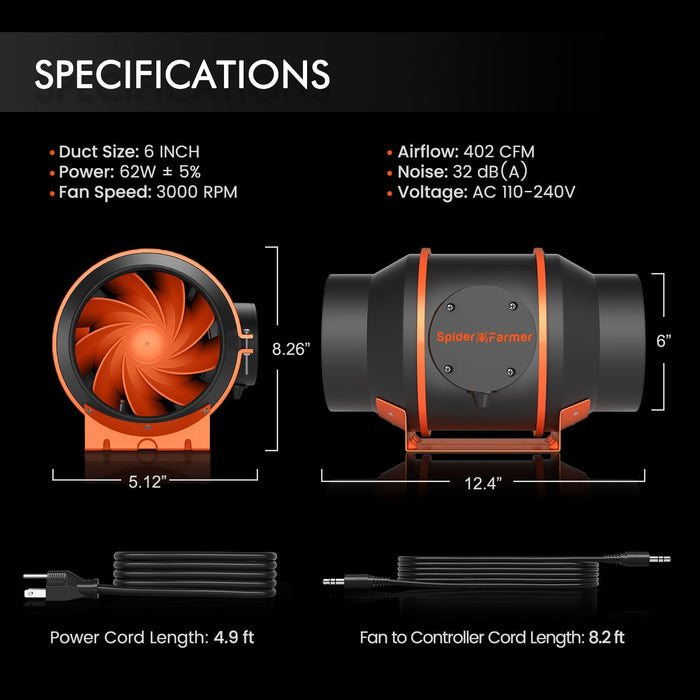 Spider Farmer® 4’x4’x6.5′ Complete Grow Tent Kit丨G5000 Full Spectrum LED Grow Light丨6” Clip Fan