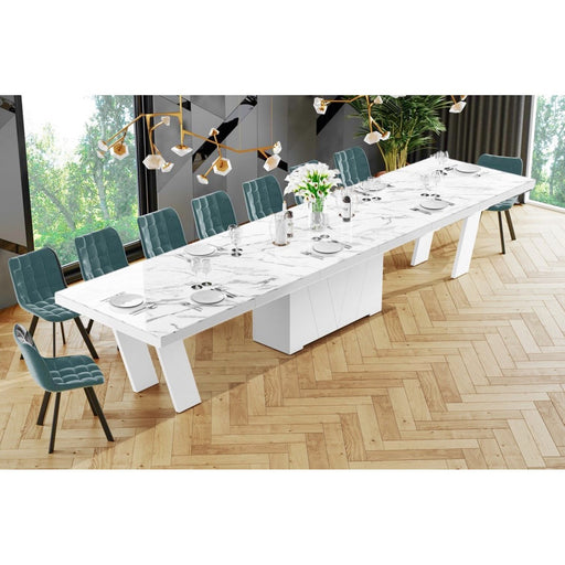 Maxima House Dining Set ALETA 11 pcs. modern glossy marble/ white Dining Table with 4 self-starting leaves plus 10 chairs - HU0080K-332GR - Backyard Provider