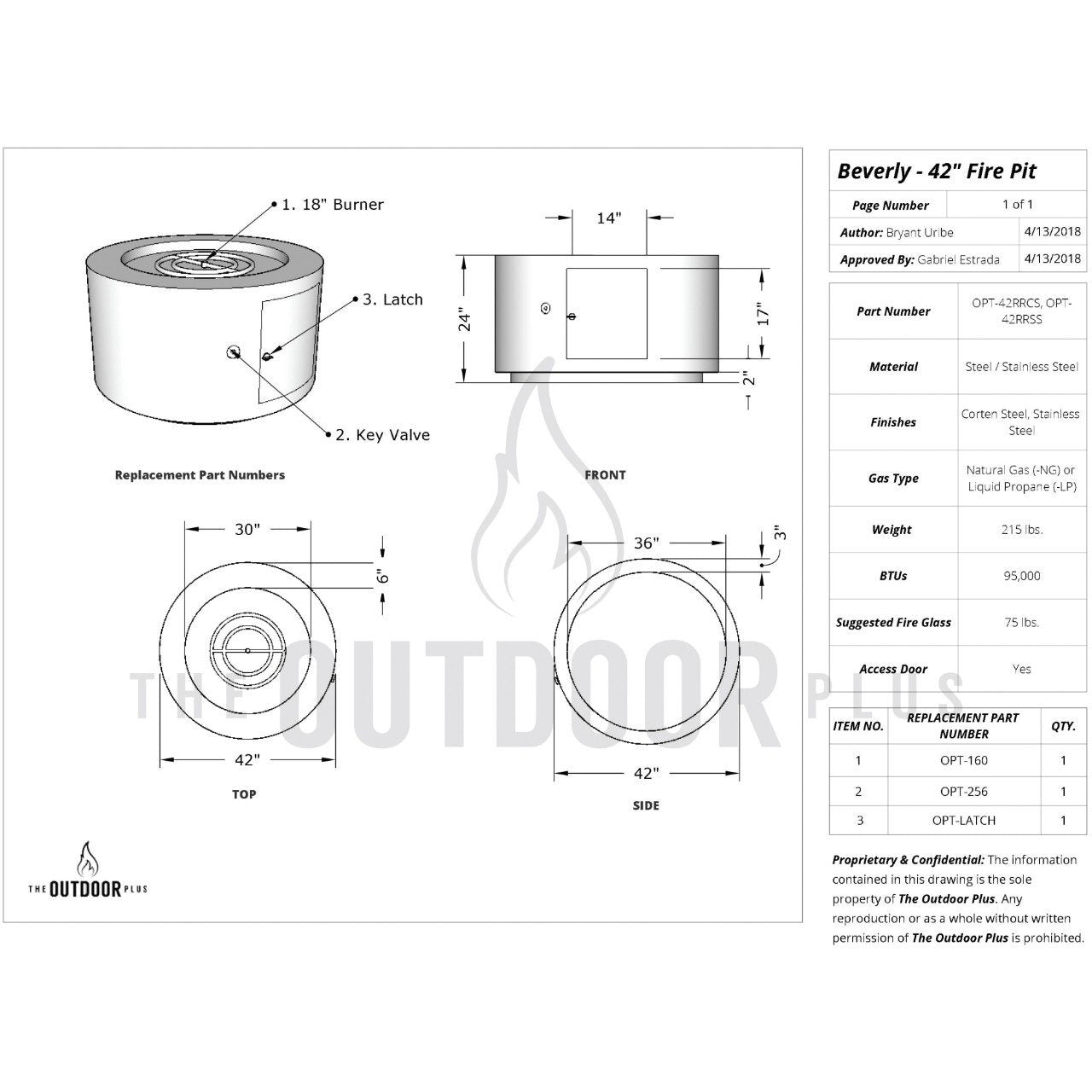 42" Beverly Fire Pit Specs Sheet