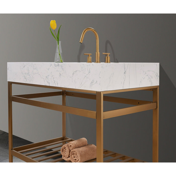 Altair Designs Merano 42" Single Stainless Steel Vanity Console with Aosta White Stone Countertop - 68042-AWAP-MB-NM - Backyard Provider