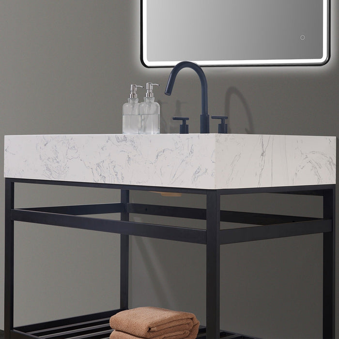 Altair Designs Merano 42" Single Stainless Steel Vanity Console with Aosta White Stone Countertop - 68042-AWAP-MB-NM - Backyard Provider