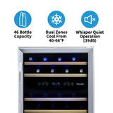 Newair - 24” 46-Bottle Dual-Zone Built-in/Freestanding Wine Cooler AWR-460DB - Stainless Steel w/ Beech Wood Shelves