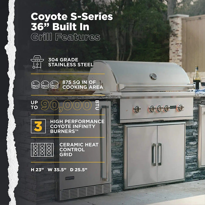 Coyote S-Series 36" Grill, LED Lights, Ceramics - C2SL36
